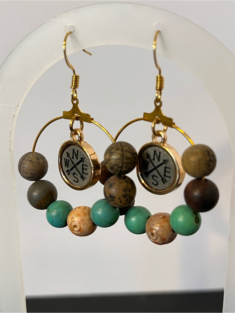 Handmade Boho Compass Charm Beaded Hoop Earrings - Turquoise & Brown Gold